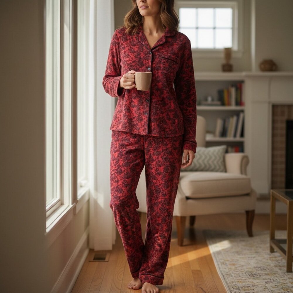 Jacyln Smith Soft 2-Pc Pajama‎ Set Shirt & Pants Sz M Red & Black #251i